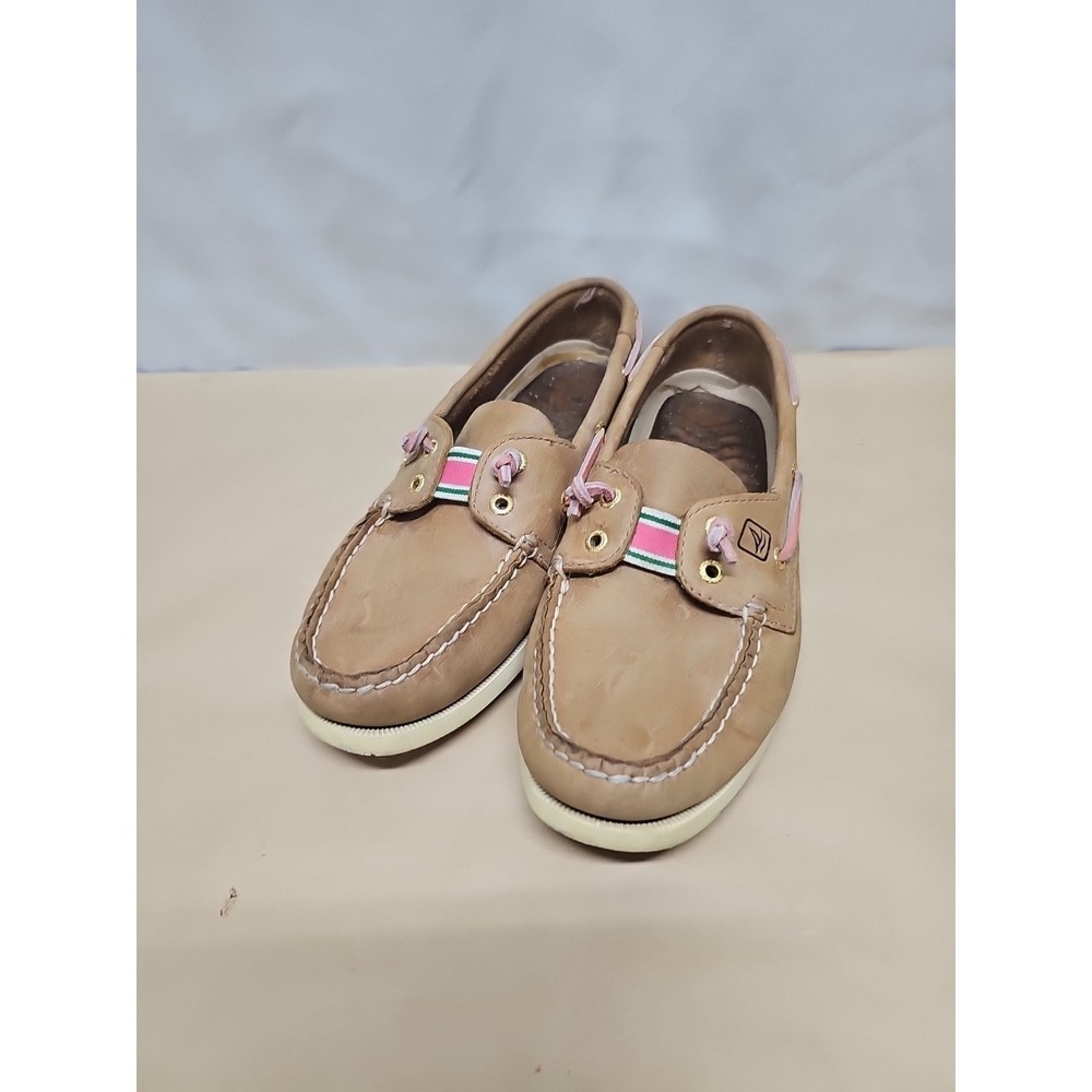 Sperry Topsiders Brown with Pink and Green Stripe sz 8